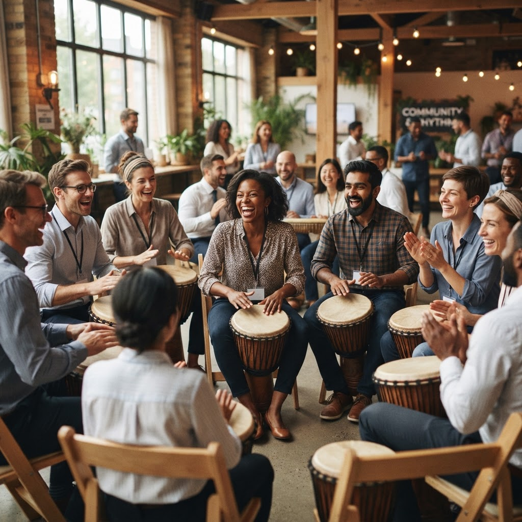 Ejecutivos tocando percusión en círculo durante una sesión de equipo
